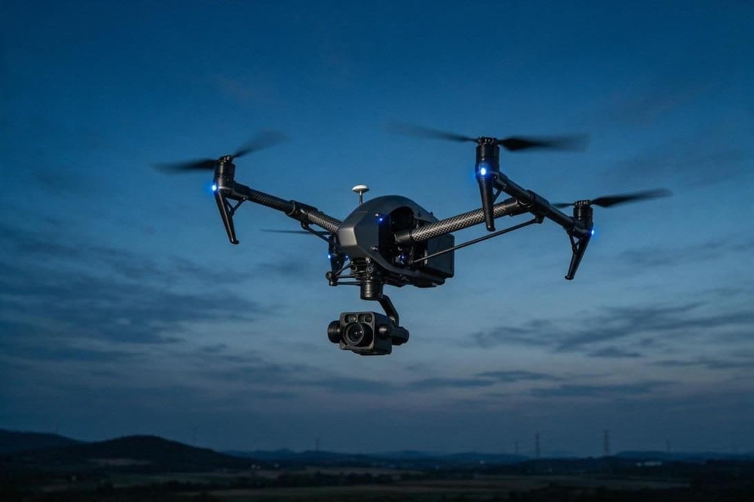 A camera drone in flight against a dusk sky.