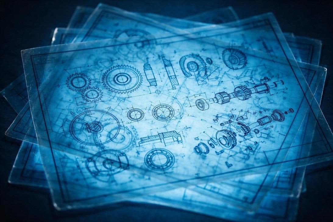 Layered technical blueprints of mechanical assemblies, lit in blue.