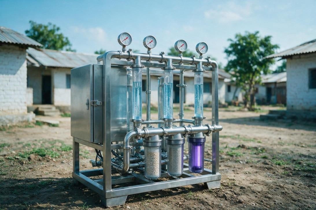 A skid-mounted water treatment unit installed outside village housing.