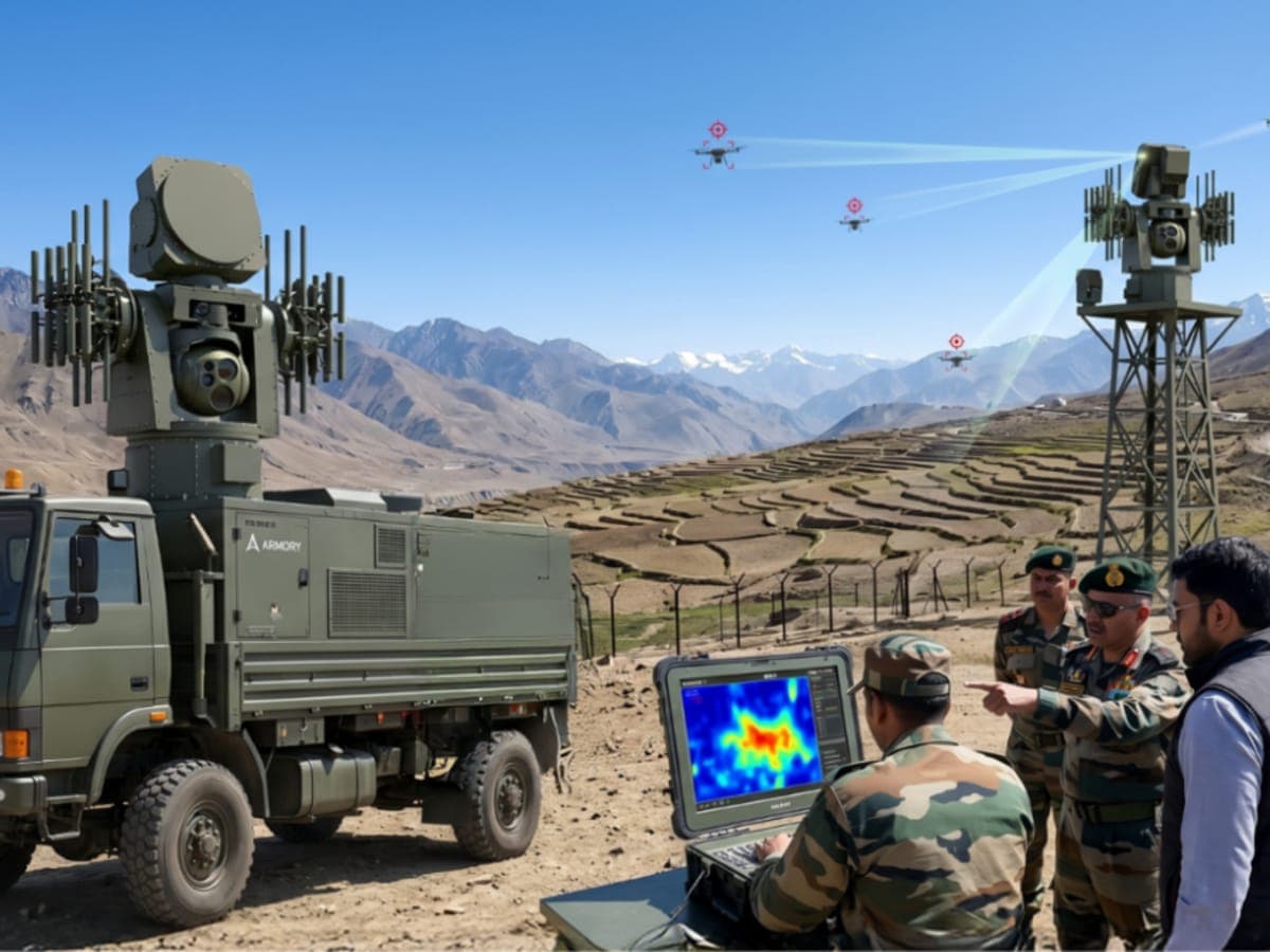 An Armory counter-drone system deployed from a vehicle in mountain terrain.