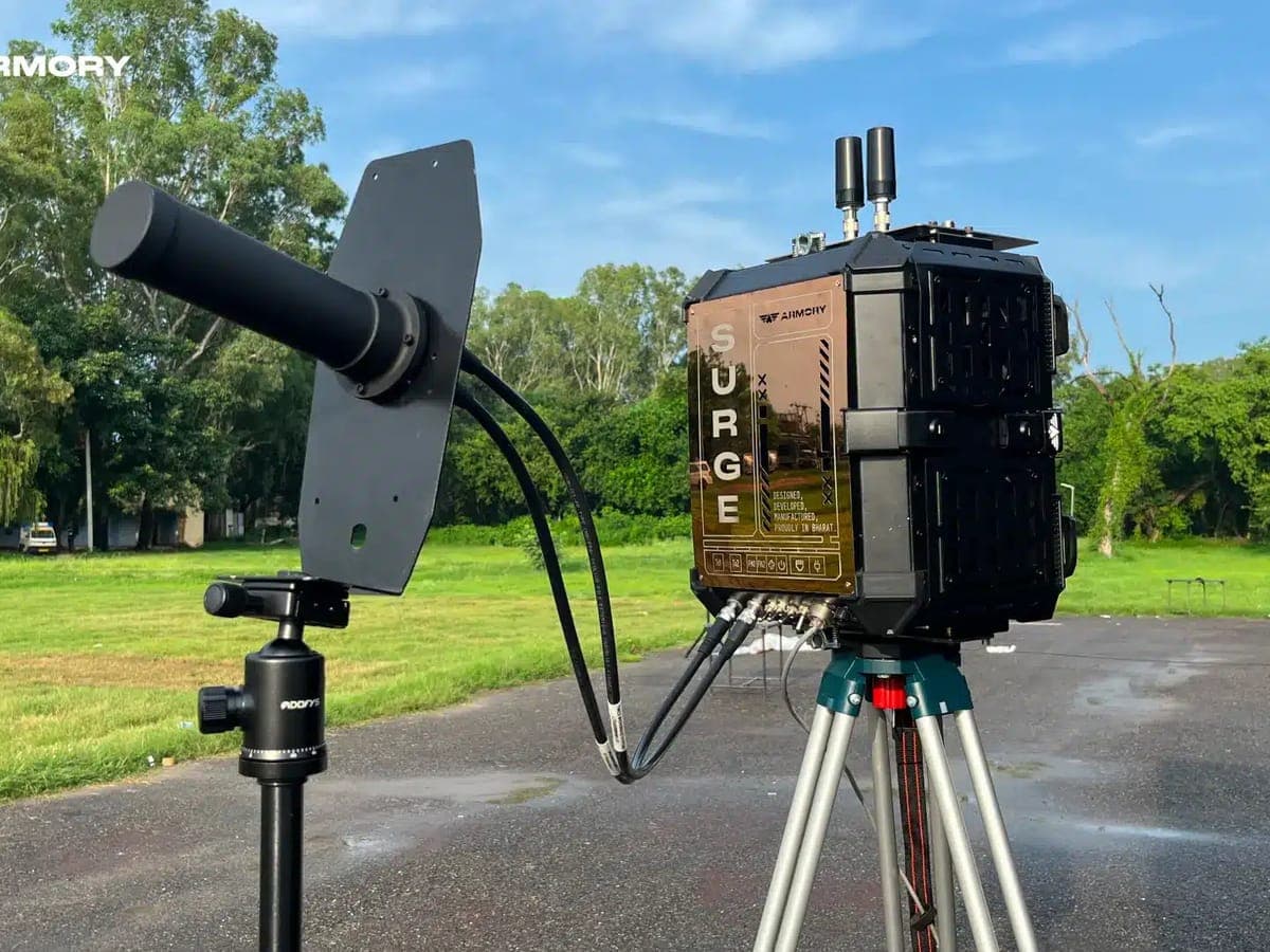 An Armory counter-drone detection and jamming unit on a tripod.
