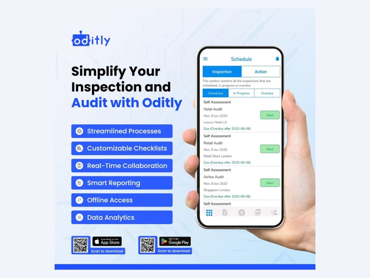 The Oditly mobile app showing a schedule of inspections.